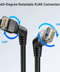 360-degree rotatable RJ45 connectors on 2-Pack 10Gbps Cat6 Ethernet Patch Cable Right Angle With 360-Degree Rotatable Connectors, 1ft Ultra-Flex PVC Jacket For Tight Spaces, Black Great For Gaming, Streaming, And Fast, Stable Network Or Router Setup