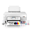 Front view of G3290 All In One Wireless Supertank Printer With High Yield Ink Print Copy Scan Mobile Printing Two Point Seven Inch Color Touchscreen Auto Two Sided Printing Two Years Ink Included And Big Savings On Ink Costs showing paper output and ink tanks.