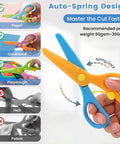 Toddler Safety Scissors 4-Piece Set With Blunt Tips For Preschoolers, showing scissors cutting playdough, paper, and cardstock.