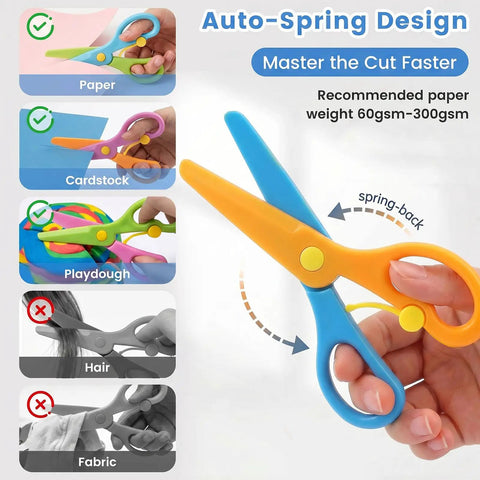 Toddler Safety Scissors 4-Piece Set With Blunt Tips For Preschoolers, showing scissors cutting playdough, paper, and cardstock.