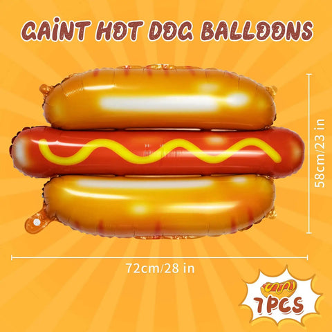 Giant 28-inch hot dog balloon with mustard, part of the 7 Pack 28 Inch Hot Dog Balloons Foil Mylar Helium Balloons set.
