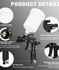 Built Tough Premium LVLP Paint Spray Gun Featuring Slick Teflon Coated Aluminum Body With Three Interchangeable Tips Delivering Crisp Finishes For Garage Makeovers And Furniture Flips That Look Totally Legit Every Single Time, showing 600 ml bottle, stainless steel nozzle, air flow knob.