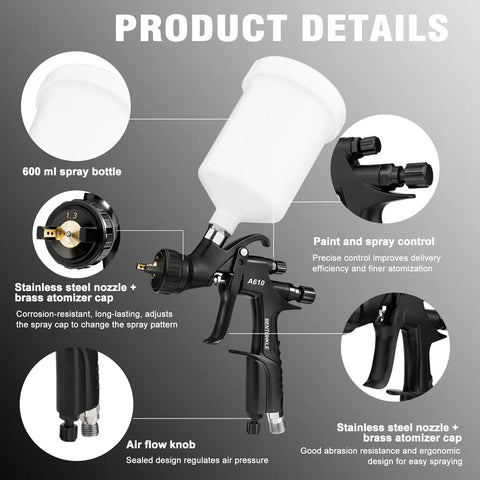 Built Tough Premium LVLP Paint Spray Gun Featuring Slick Teflon Coated Aluminum Body With Three Interchangeable Tips Delivering Crisp Finishes For Garage Makeovers And Furniture Flips That Look Totally Legit Every Single Time, showing 600 ml bottle, stainless steel nozzle, air flow knob.