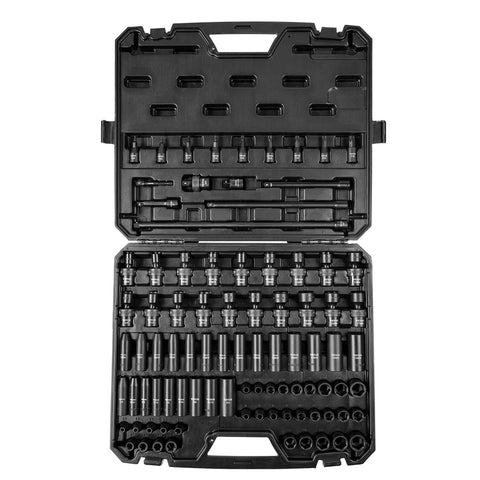 Open case of Impact Socket Set 3/8 Inch Drive, 90 PC Beefy CR-MO Steel Kit showing sockets, extensions, and adapters.