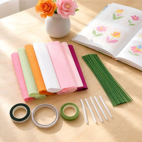 Crepe Paper Flower Kit With Floral Stem Wire And Tape Set For DIY Paper Flowers, Bouquet Craft Supplies, Durable Materials For Wedding, Party And Home Decor., crepe paper sheets, stem wire, tape, and glue sticks on table
