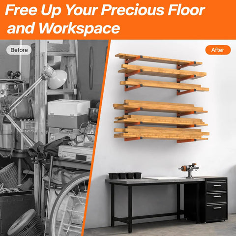 Beefy Two Pack Heavy Duty Lumber Storage Rack Wall Mount Shelves With Three Levels For Lumber Plywood And Long Tools Orange