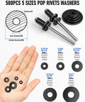 Image showing 500pcs 5 sizes of washers and black pop rivets from the 1000 Piece Black Pop Rivet Kit With 14 Sizes And 304 Stainless Steel Washers.