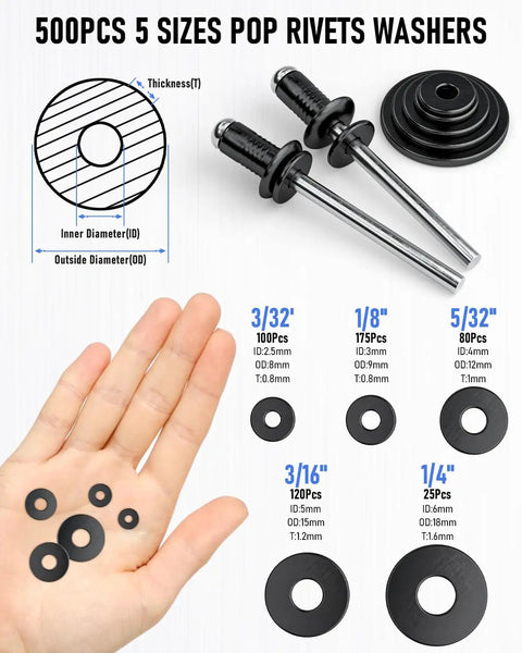 Image showing 500pcs 5 sizes of washers and black pop rivets from the 1000 Piece Black Pop Rivet Kit With 14 Sizes And 304 Stainless Steel Washers.