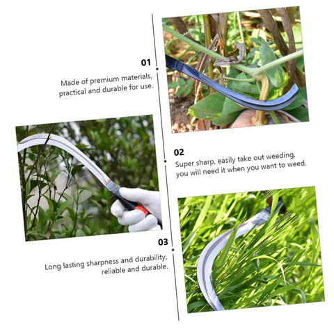 Two Piece Manganese Weeding Scythe Set for Gardening with sharp blade cutting grass and plants outdoors