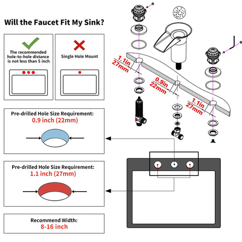 Installation guide for Waterfall Bathroom Sink Faucet with LED Crystal Ball, Deck Mount 3 Hole, Double Handle Brushed Nickel.