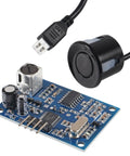 Five Pack Waterproof Ultrasonic Distance Sensor Module For Precise Range 21cm To 5m With 40kHz Operation 50 Degree Detection Angle 5V Supply Low Power Idle Current And Active Current Dope For DIY Robots Arduino And Automation Projects, showing sensor and module.