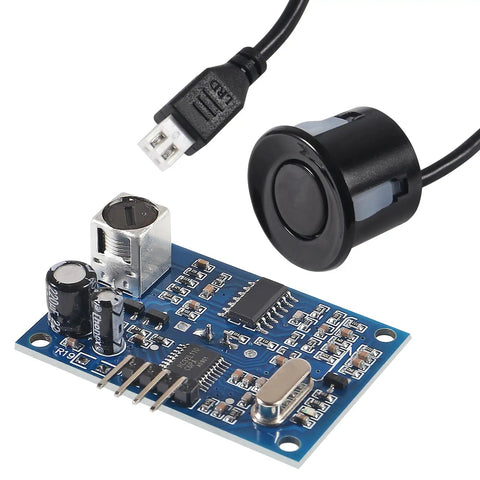 Five Pack Waterproof Ultrasonic Distance Sensor Module For Precise Range 21cm To 5m With 40kHz Operation 50 Degree Detection Angle 5V Supply Low Power Idle Current And Active Current Dope For DIY Robots Arduino And Automation Projects, showing sensor and module.