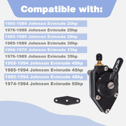 Outboard Fuel Pump Replacement For 25 To 140 HP Marine Motors next to compatibility chart with Johnson Evinrude models.