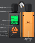 Your Go To Portable Sound Level Meter With A Weighted Measurement And Fast And Slow Response For 30 To 130 Decibels, Backlit LCD, Real Time Readout, High Accuracy, Ideal For Home Office School And Factory, orange handheld with back view