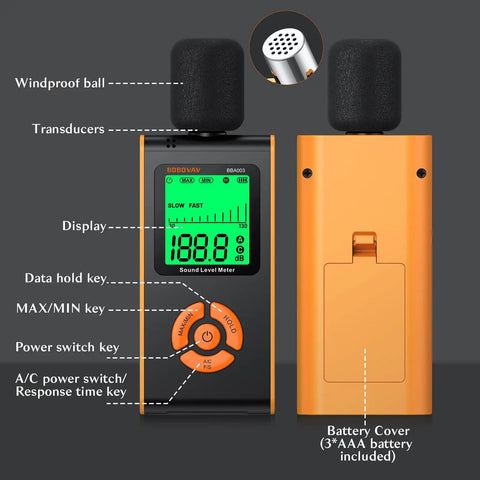 Your Go To Portable Sound Level Meter With A Weighted Measurement And Fast And Slow Response For 30 To 130 Decibels, Backlit LCD, Real Time Readout, High Accuracy, Ideal For Home Office School And Factory, orange handheld with back view