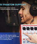 DJ using MW6 White 6 Channel Pro DJ Audio Mixer Portable Controller USB DSP with microphone in podcasting setup