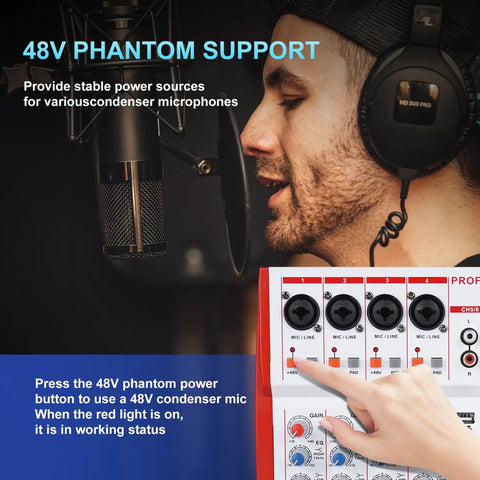 DJ using MW6 White 6 Channel Pro DJ Audio Mixer Portable Controller USB DSP with microphone in podcasting setup