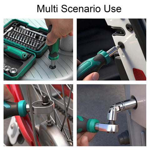 10 Piece Socket Wrench Set With 24 Bits And 4 To 13 mm Range Sockets Reversible Ratchet Handle Magnetic Extensions in use on bike and car