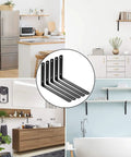 10 Pack Black Cast Iron L Shelf Brackets Heavy Duty Corner Braces Support Sixty Six Pounds Rust Resistant Wall Mount Hardware For Seven Inch Boards in various interior settings.