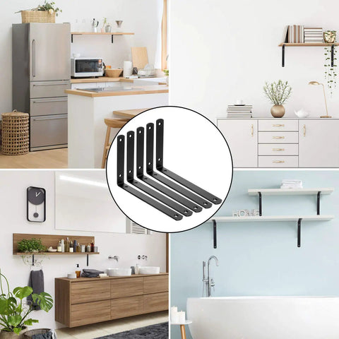 10 Pack Black Cast Iron L Shelf Brackets Heavy Duty Corner Braces Support Sixty Six Pounds Rust Resistant Wall Mount Hardware For Seven Inch Boards in various interior settings.