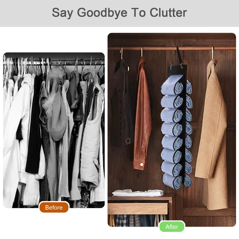 Foldable Hanging Closet Organizer With 16 Roll Compartments For Yoga Pants Leggings And Shirts next to a cluttered wardrobe
