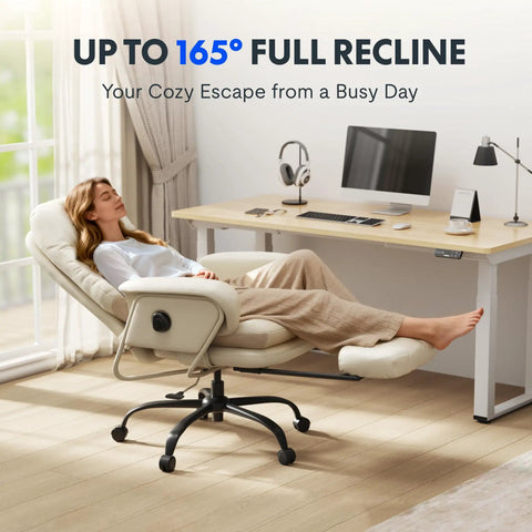 Person reclining on 2 In 1 Chaise Lounge Chair With Wheels For Cozy Lounging Leather Recliner With Extendable Footrest And 90 To 165 Degree Backrest Lumbar Support For Living Room Bedroom Home Office Or Study Beige White HC4 near desk