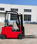 Heavy Duty Electric Forklift Truck, EV Powered Counterbalance Rig For Warehouses And Logistics, side view on concrete floor.