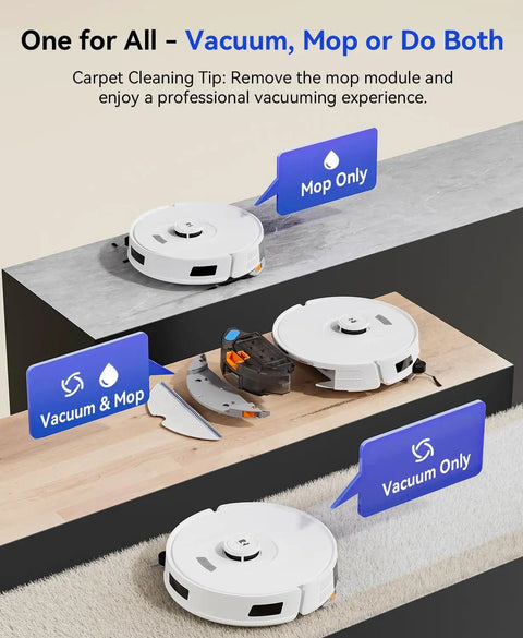 Robot Vacuum And Mop With Beast 20000 Pa Suction, Self Emptying Dock For Up To 120 Days, showcasing vacuum and mop functions on carpet