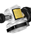 Manual air relief valve with pressure gauge for pool filter systems; metal body with threaded connections and black cap.