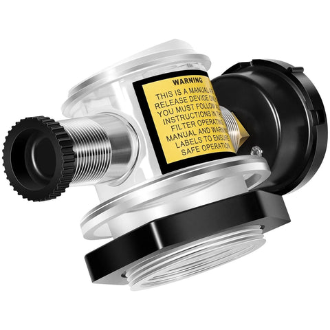Manual air relief valve with pressure gauge for pool filter systems; metal body with threaded connections and black cap.