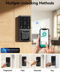 Slick Fingerprint Smart Lock With Smooth Keyless Entry, AI Self Learning Handle Set, App Pin Code And Key Fob Access showing screen and unlocking methods.