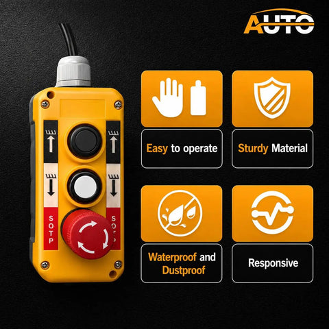 2 Button Crane Pushbutton Switches With Box Holder And 15 Inch Cable shown with features like waterproof, sturdy material, and easy to operate.