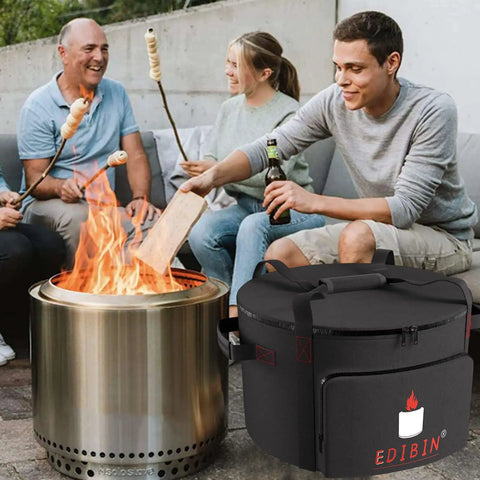 Group enjoying a bonfire with Rugged Outdoor Smokeless Fire Pit Bag for Bonfire Style Pits 19.5 Inch Diameter visible.