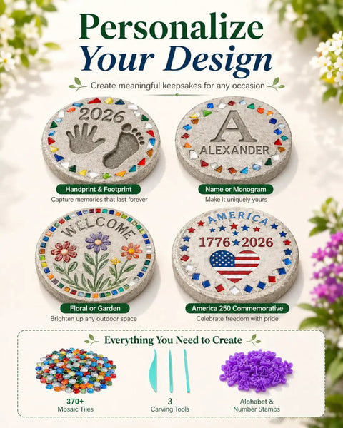 Kids DIY Stepping Stones Kit With 3 10 Inch Round Molds, 370 Plus Mosaic Tiles, Alphabet And Number Stamps for garden craft