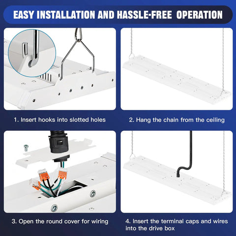 Installation steps of 300W LED Linear High Bay Light For Warehouse And Shop 45000 Lumen Output 3 Ft Fixture 120-277V 5000K