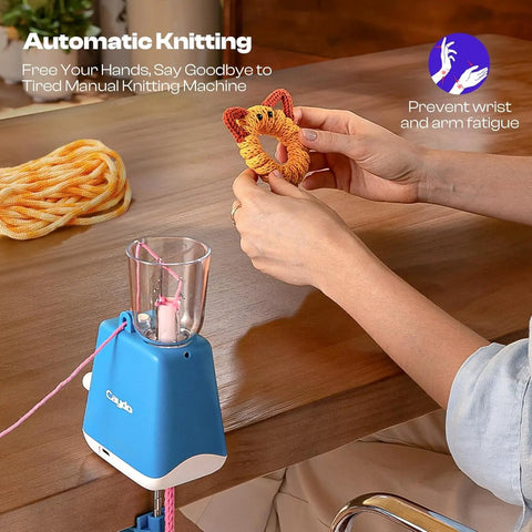 Hands using Electric ICord Knitting Machine Automatic ICord Maker With Tension Control Hands Free DIY Knitting Tool For Crocheters And Yarn Crafters Patent Design Options on table