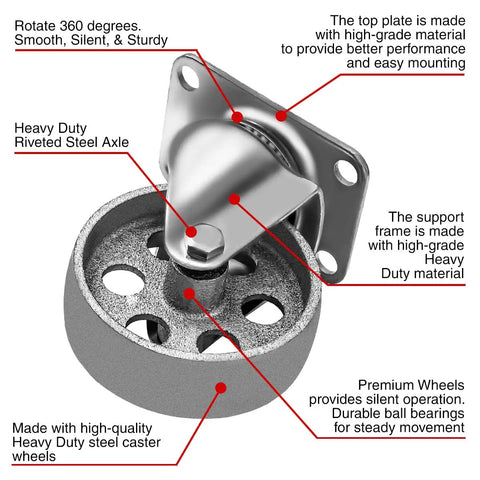 Kickass Heavy Duty Steel Swivel Casters 4 Pack 3.5 Inch Wheels 350 Lbs Locking Brakes showing detailed caster wheel construction.