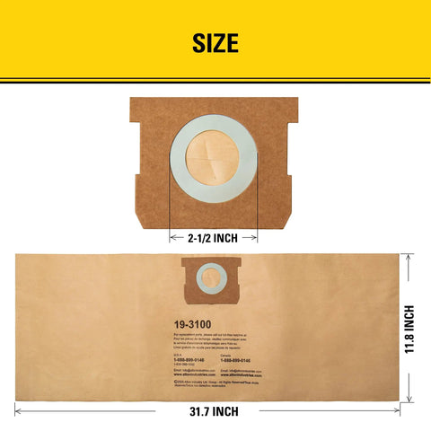 Three Pack Filter Bags For Five To Eight Gallon Wet And Dry Vacuums, Heavy Duty Replacement with size details 2-1/2 x 31.7 x 11.8 inches