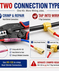 Heat shrink butt connector crimper HS-125 with instructions for crimping and T-tap connections in wiring.