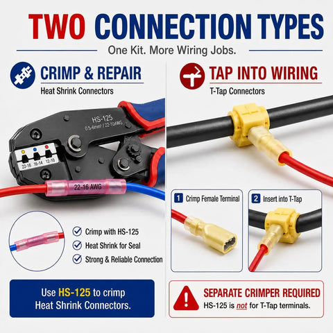 Heat shrink butt connector crimper HS-125 with instructions for crimping and T-tap connections in wiring.
