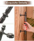 Two Pack Rustic Cast Iron Cabinet Handles Heavy Duty 9.3 Inch Long Door Pulls For Cabinets Doors Gates Closets Drawers With Antique Farmhouse Charm Built To Last And Easy To Install shown with close-up details and installation view on a wooden door.