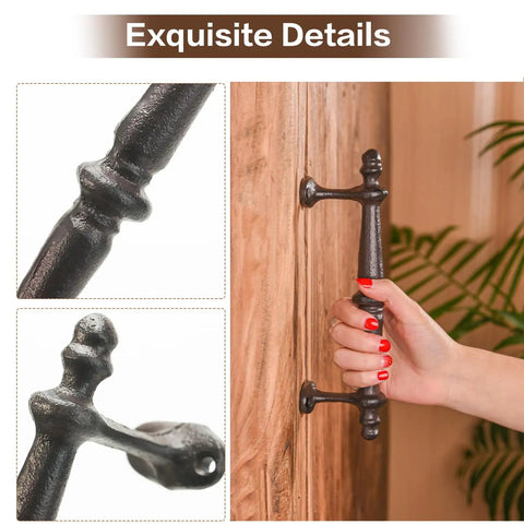 Two Pack Rustic Cast Iron Cabinet Handles Heavy Duty 9.3 Inch Long Door Pulls For Cabinets Doors Gates Closets Drawers With Antique Farmhouse Charm Built To Last And Easy To Install shown with close-up details and installation view on a wooden door.