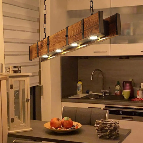 Rustic Wood LED Hanging Pendant Light For Dining Room And Kitchen Island 100cm Adjustable Height Modern Sputnik Style