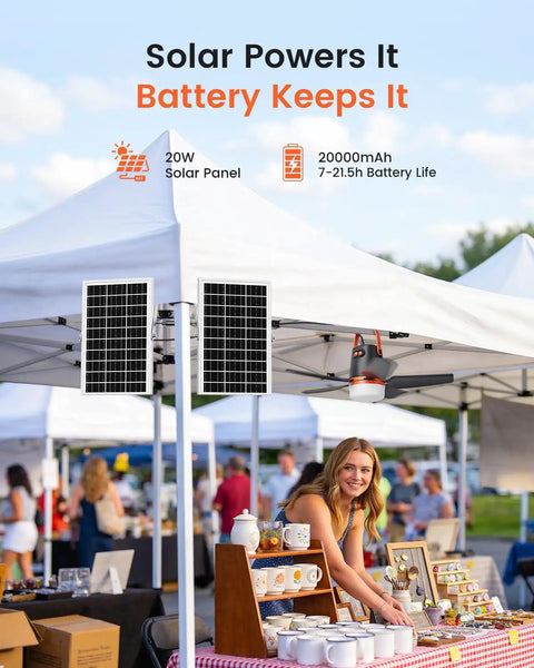 20 Inch Portable Ceiling Fan With Solar Charging And 20000 Mah Battery Includes Wireless Remote, showcased at an outdoor market.