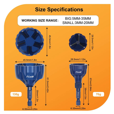 FiLwW blue deburring external chamfer tool set with tungsten carbide bits; fits 1/8–1-3/8 in (3–35 mm).