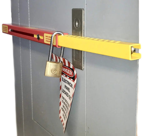 Panel Lockout Kit With Pouch Pro Grade OSHA Compliant Lockout Tagout For Electrical Panels Made In USA installed on panel