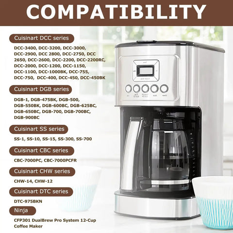 Compatibility list showing coffee makers compatible with Reusable Gold Tone Cone Coffee Filter Basket for 8 to 12 Cup Makers.