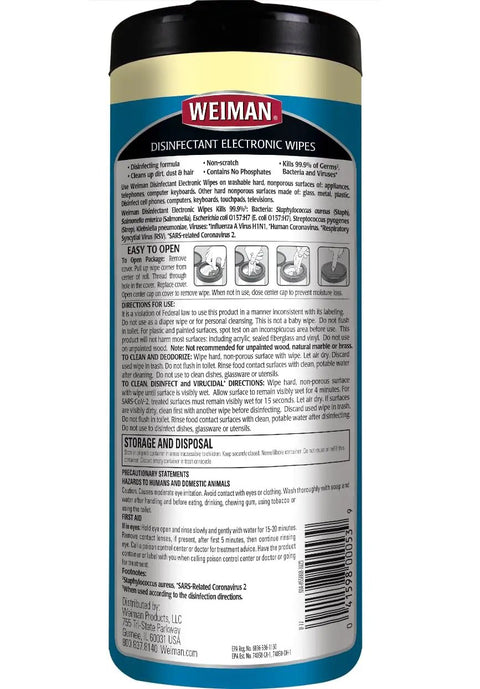 Disinfecting Tech Wipes 99.9 Percent Germ Killer For Phones, Laptops, Keyboards, Tablets, Lenses And Glasses With Microfiber Towel; 30 Count, 2 Pack, Cleans Screens, Fingerprints, Dirt, And Grease, back label view