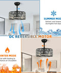 Sleek Bladeless Ceiling Fan With Remote, Crystal Chandelier Light, 17.7 Inch Black Farmhouse Ceiling Fan shown in summer and winter modes