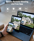 130 Degree Wide Angle Wireless Outdoor Security Camera System with Two Way Audio showing home on laptop, tablet, and smartphone